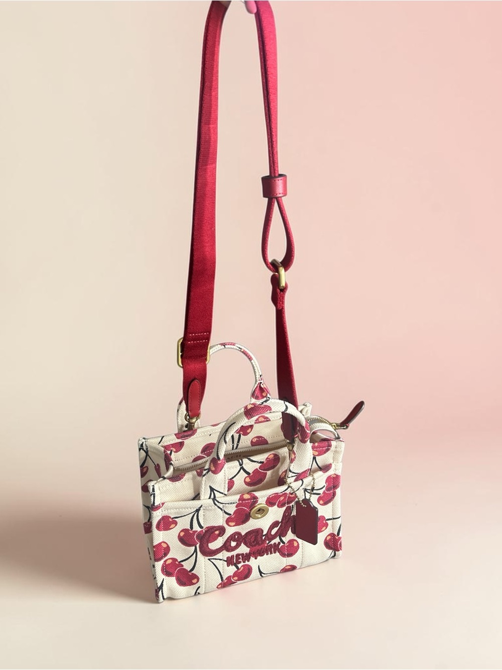Coach White Cherry-Print Mini Tote with Removable Red Strap